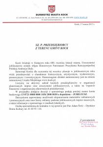 Pismo do przedsiębiorców-sponsoring Jubileuszu 600 lecia Kocka