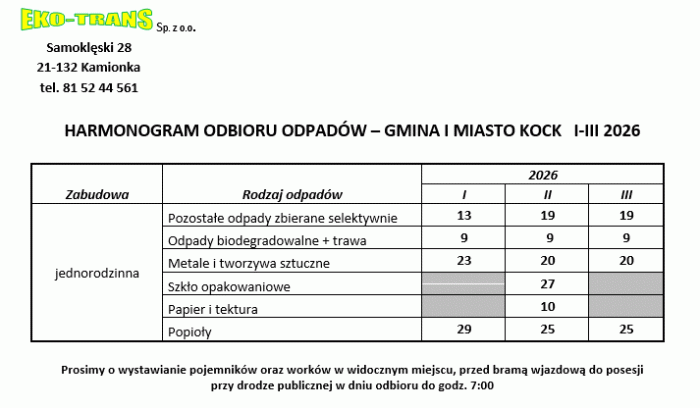 Harmonogram odbioru odpadów na I kwartał 2026